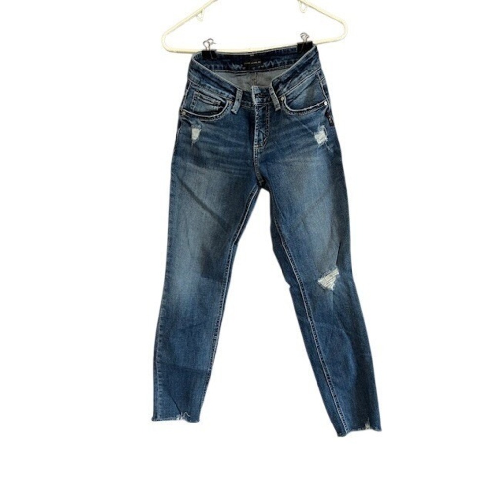 Silver Jeans Co Suki Mid Slim Womens Medium Wash Distressed Raw Hem Denim